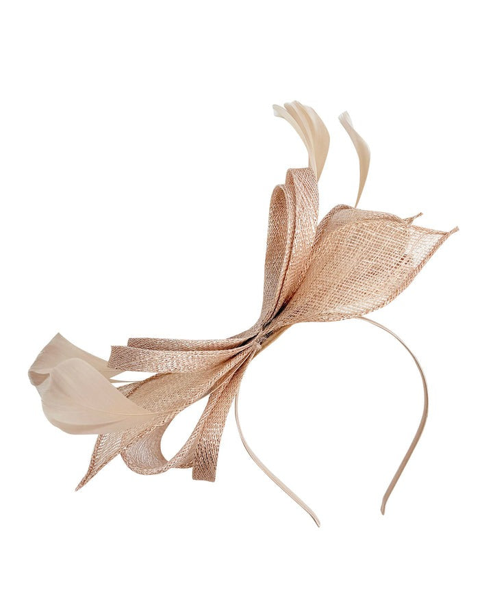 Bow Shaped Fascinator With Sinamay Curls & Feathers In Nude HA301008