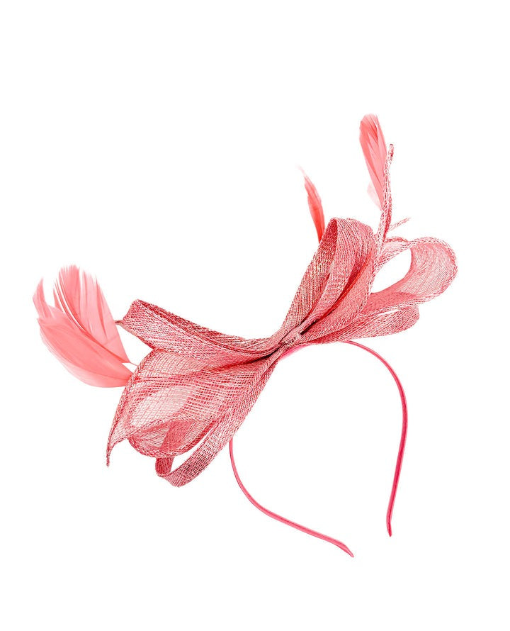 Bow Shaped Fascinator With Sinamay Curls & Feathers In Pink HA301009