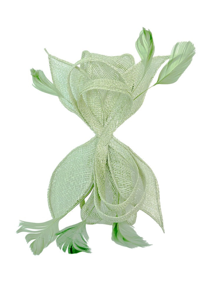 Bow Shaped Fascinator With Sinamay Curls & Feathers In Pastel Green HA301017