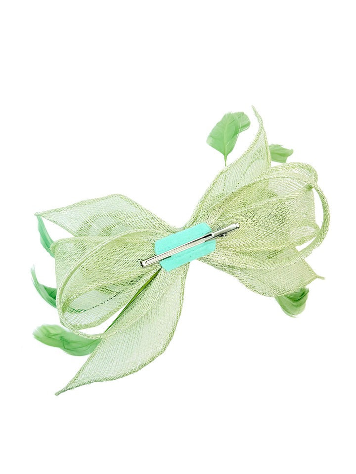 Bow Shaped Fascinator With Sinamay Curls & Feathers In Pastel Green HA301017