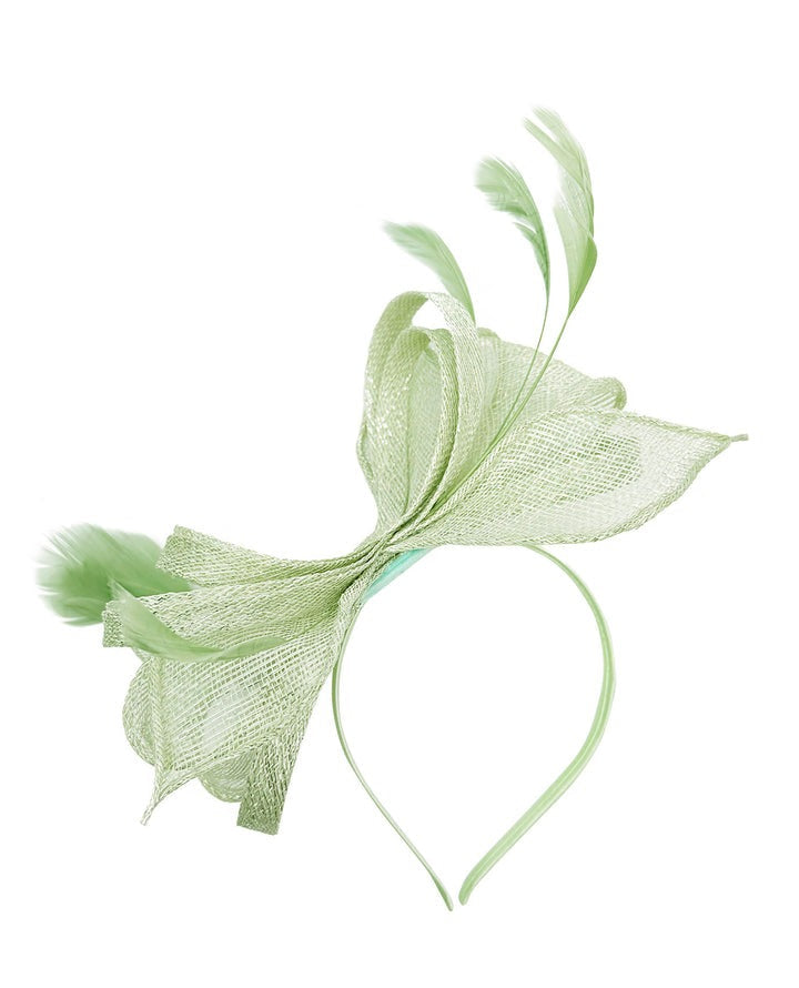 Bow Shaped Fascinator With Sinamay Curls & Feathers In Pastel Green HA301017