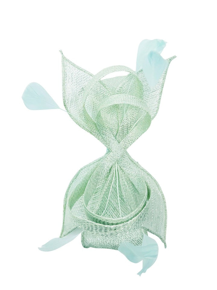 Bow Shaped Fascinator With Sinamay Curls & Feathers In Mint Blue HA301020