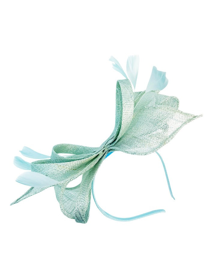 Bow Shaped Fascinator With Sinamay Curls & Feathers In Mint Blue HA301020