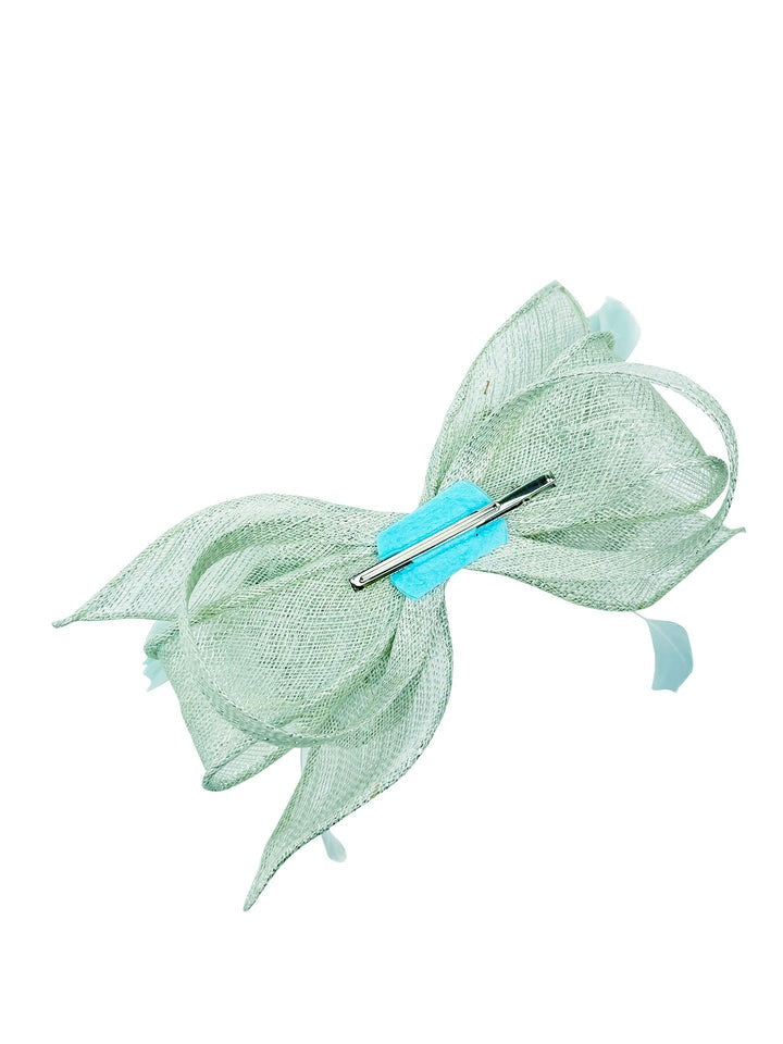 Bow Shaped Fascinator With Sinamay Curls & Feathers In Mint Blue HA301020