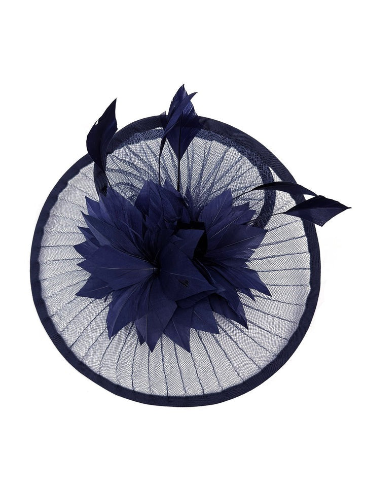 Spiral Circular Brim Fascinator With Feathers Burst In Navy HA301115