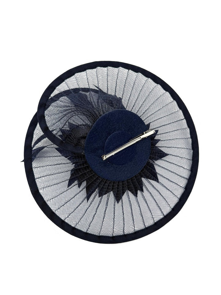 Spiral Circular Brim Fascinator With Feathers Burst In Navy HA301115