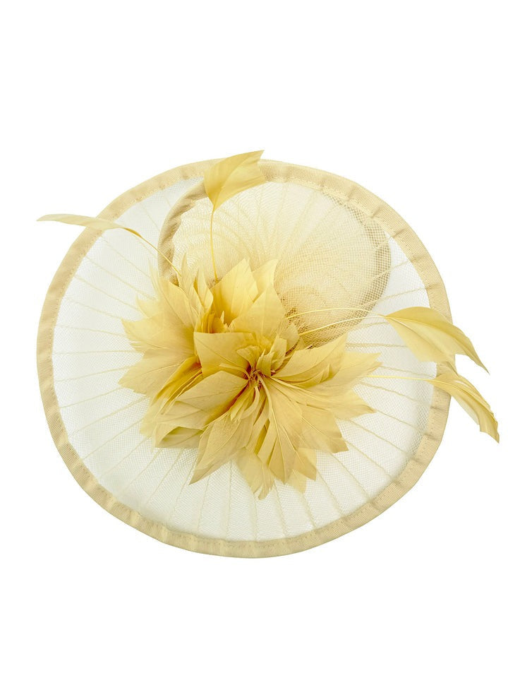 Spiral Circular Brim Fascinator With Feathers Burst In Beige HA301128
