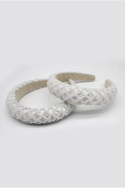 White - White Pearl Lattice Style Headband by SVNX