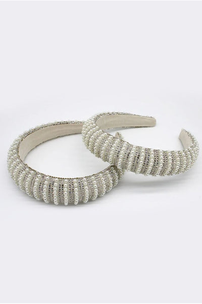 White - Crystal Gems And Mini Pearls Headband by SVNX