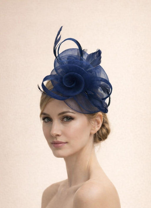 Floral Fascinator With A Wide Base In Navy by SVNX