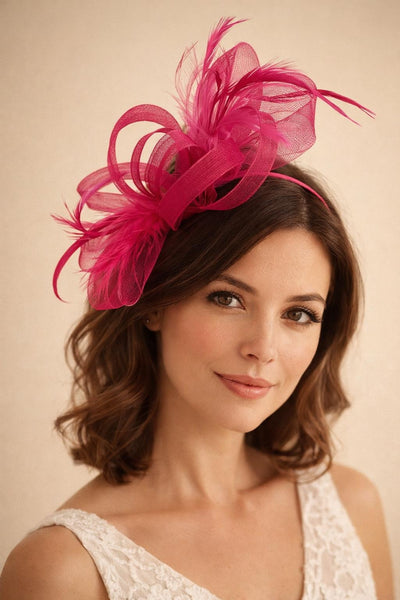Pink - Bow Feather Fascinator In Pink by SVNX
