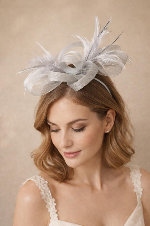 Bow Feather Fascinator In Silver by SVNX