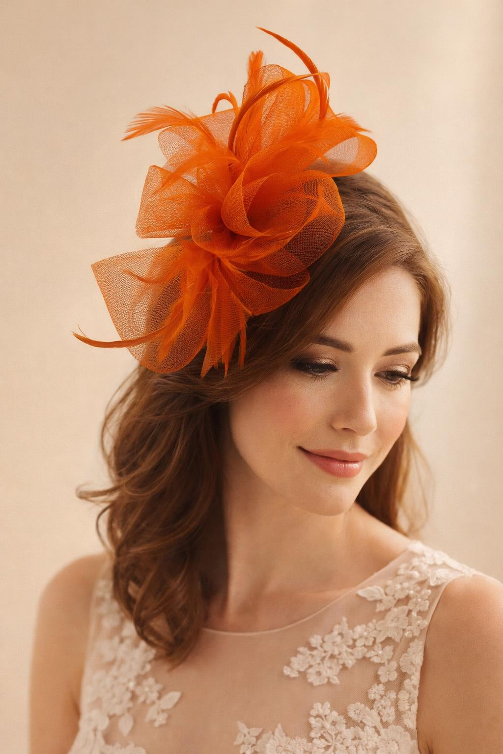 Knot Feather Fascinator In Orange HA302413