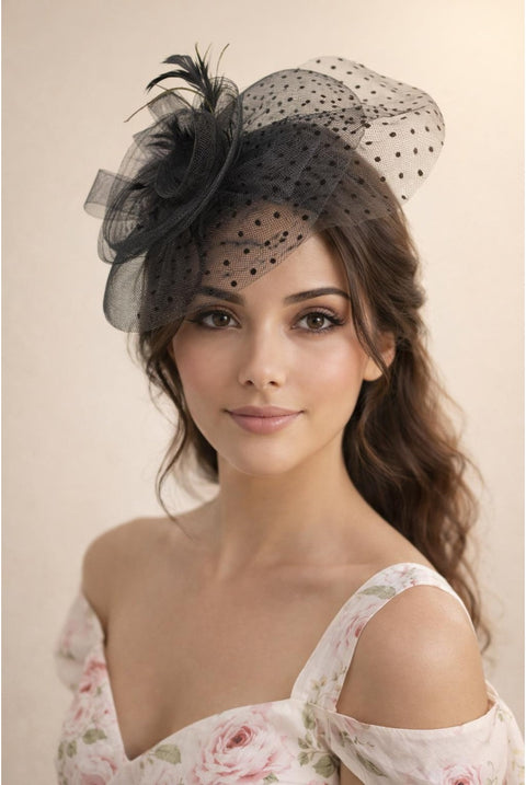 Feather & Polka Veil Fascinator In Black by SVNX
