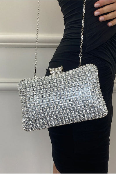 Silver - Silver Diamante Clutch Bag by SVNX
