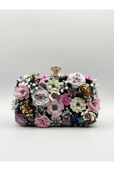 Black - Black Floral Applique Clutch Bag by SVNX