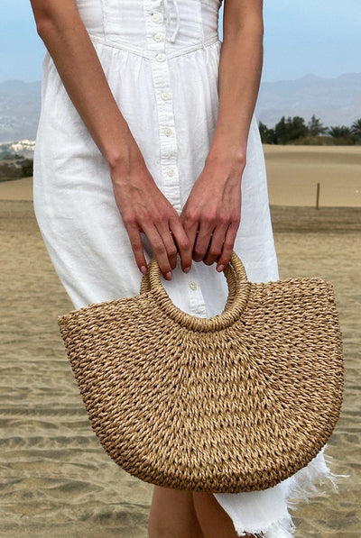 Brown - Round Woven Straw Holdall With Circular Handle by SVNX