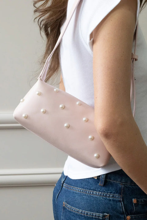 Pink Shoulder Bag With Pearl Studs by SVNX
