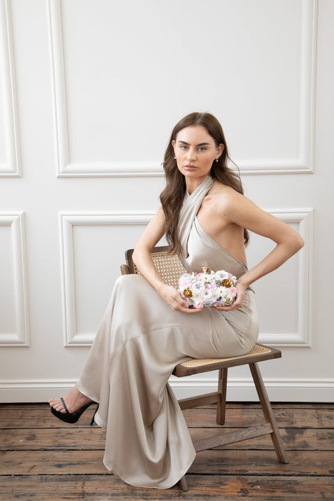 Floral Applique Clutch Bag In Cream by SVNX