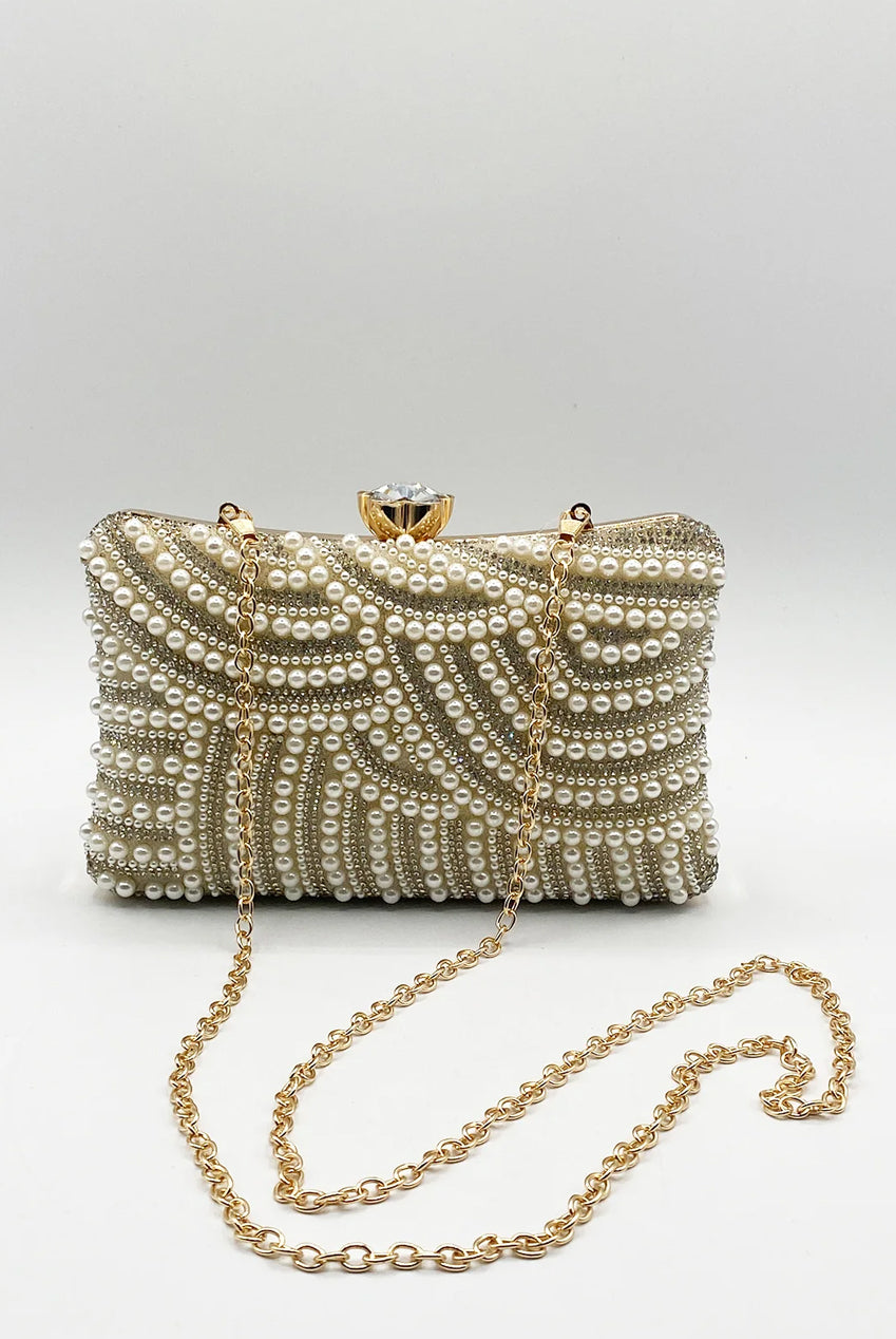 Luxurious Gold Pearl Embellished Clutch Bag HB332024
