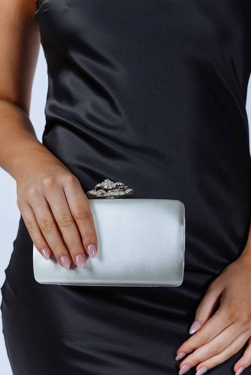 Satin Clutch Bag With Rose Jewel In Ivory HB342707