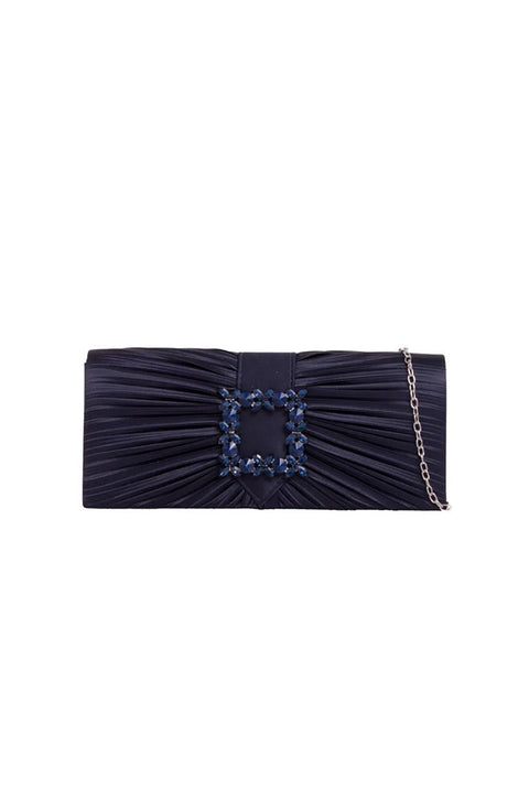 Pleated Clutch With Crystal Embellishment In Navy by SVNX