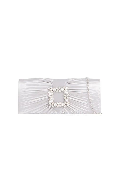 Pleated Clutch With Crystal Embellishment In Silver by SVNX