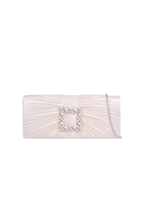 Pleated Clutch With Crystal Embellishment In Ivory by SVNX