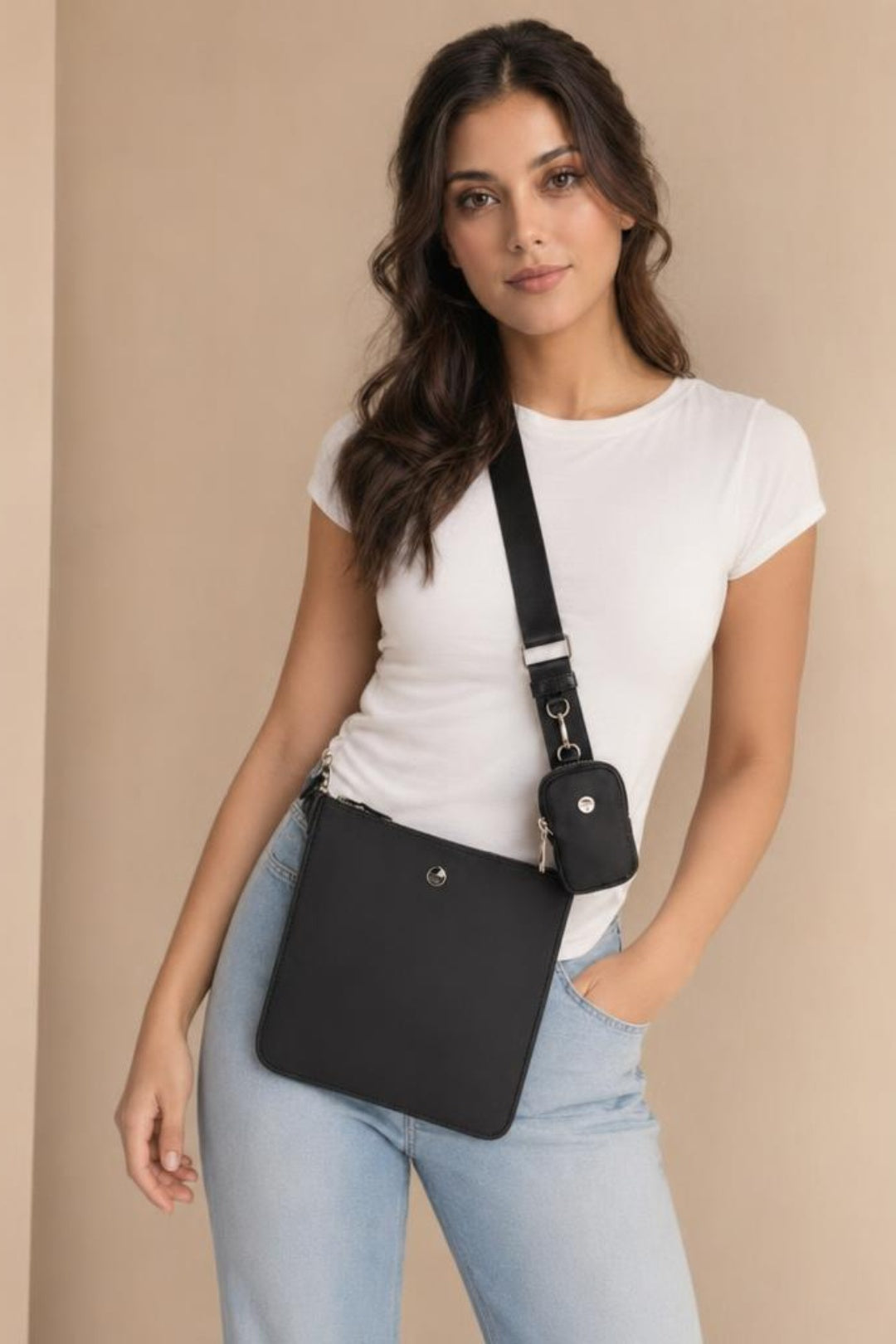 Crossbody Handbag With Detachable Mini Pouch - Black HB348902