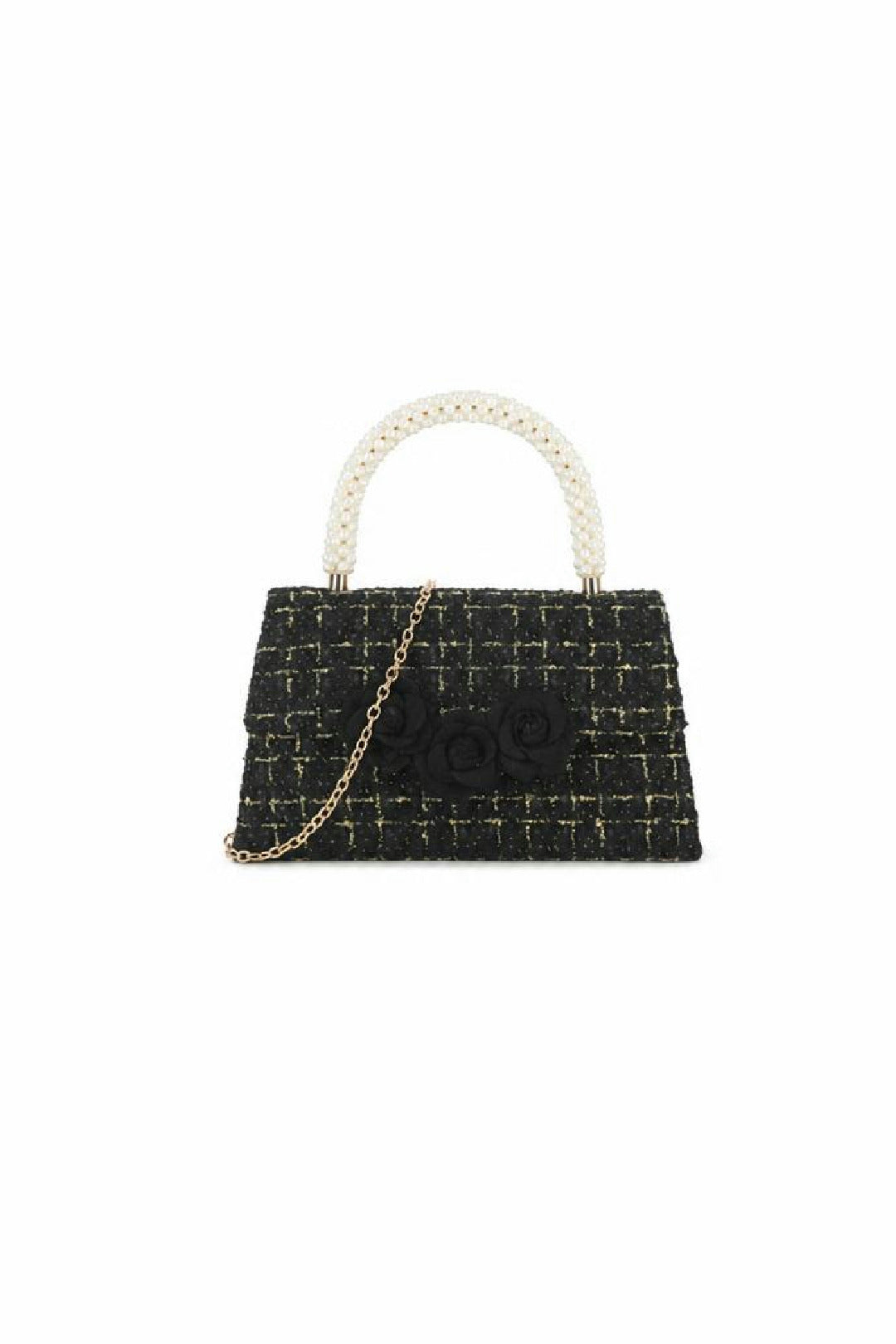 Tweed Top-Handle Handbag With Pearl Handle And Floral Applique HB349202