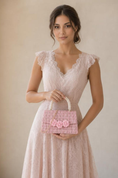 Pink - Tweed Top-Handle Handbag With Pearl Handle And Floral Applique by SVNX