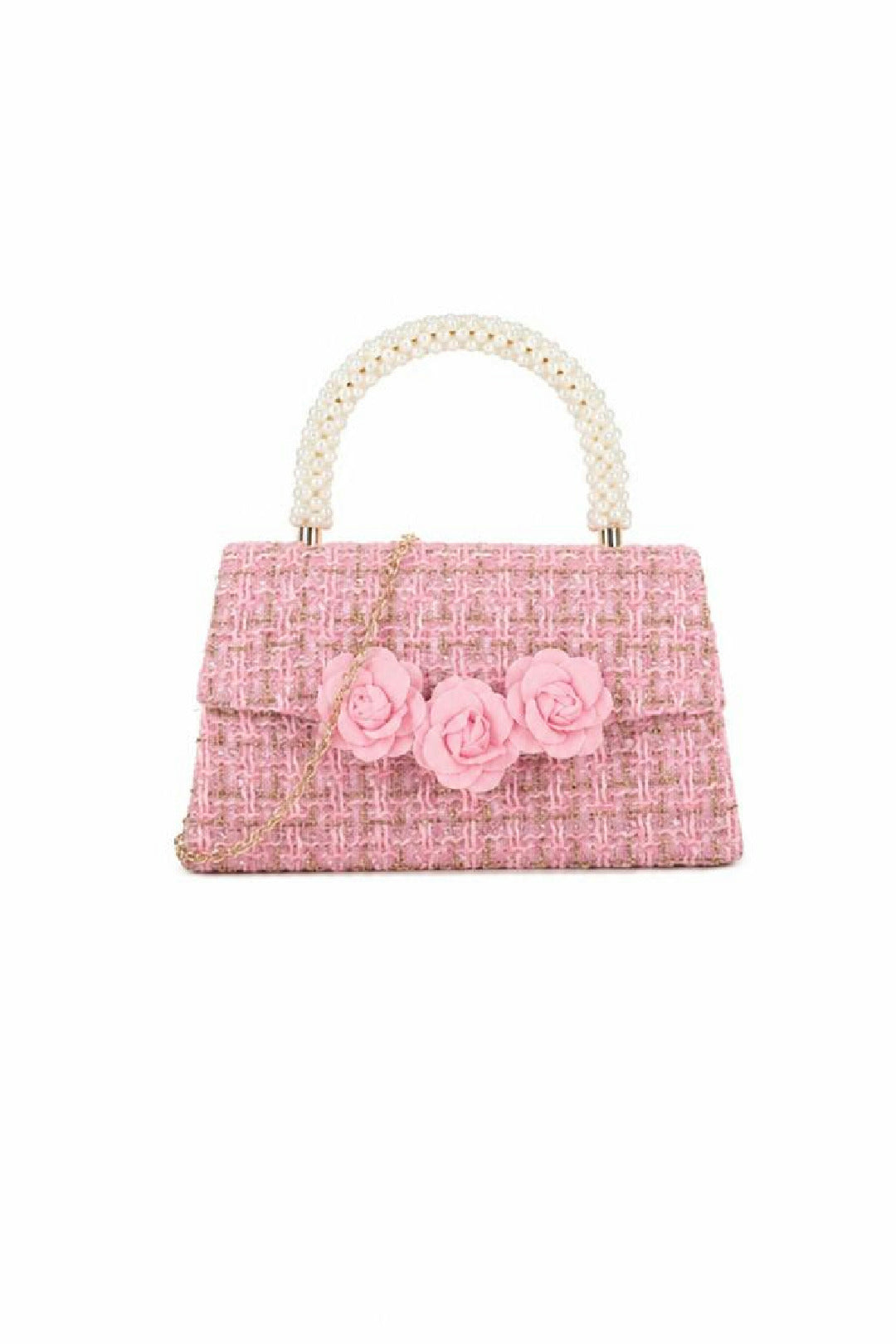 Tweed Top-Handle Handbag With Pearl Handle And Floral Applique HB349209