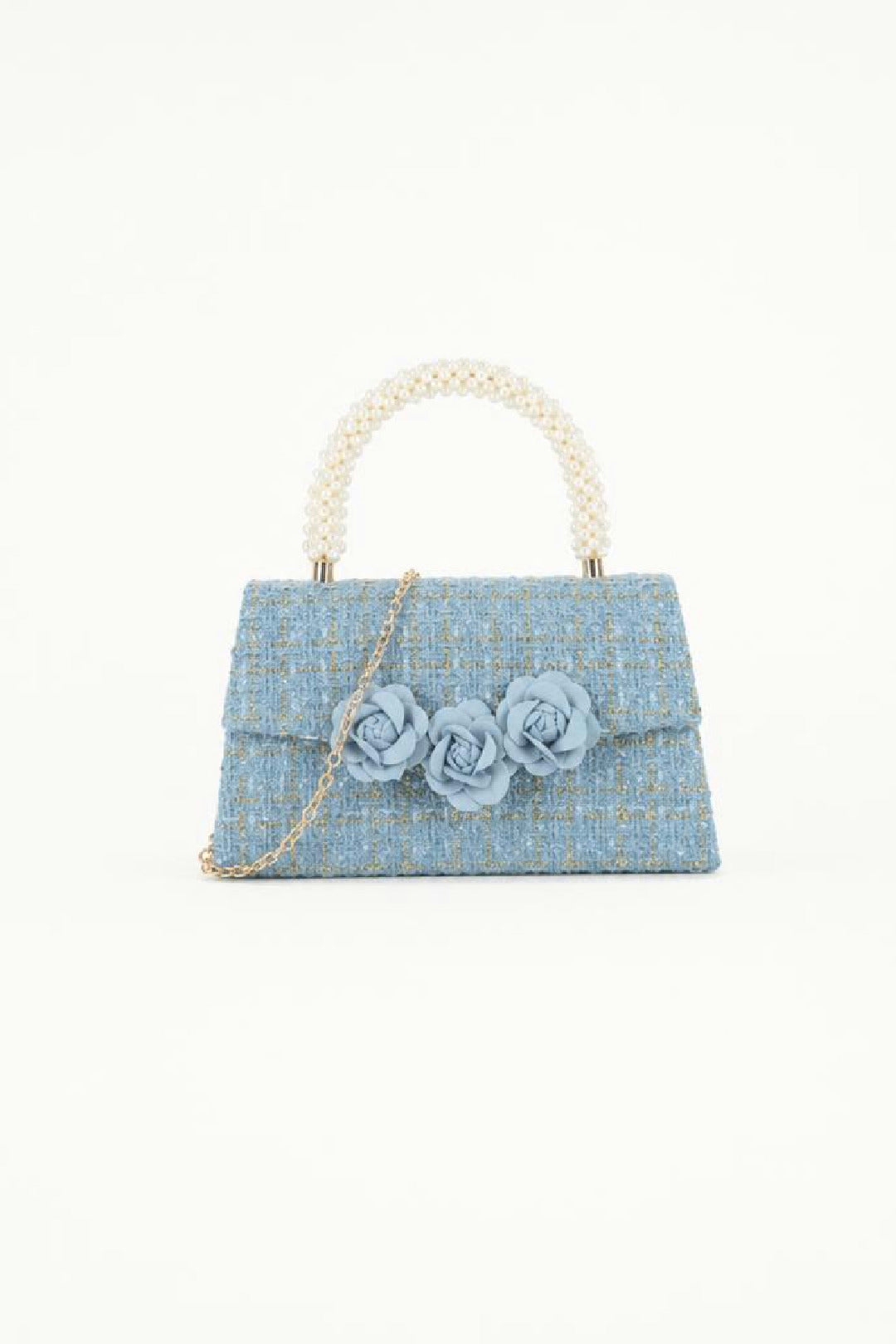 Tweed Top-Handle Handbag With Pearl Handle And Floral Applique HB349233