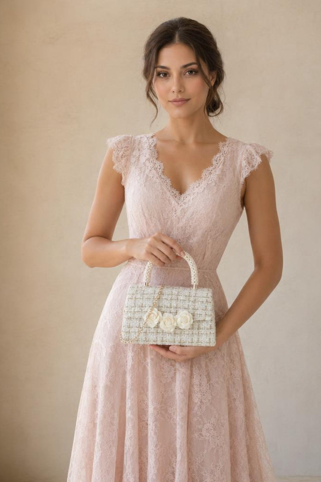 Tweed Top-Handle Handbag With Pearl Handle And Floral Applique HB349220