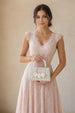 Tweed Top-Handle Handbag With Pearl Handle And Floral Applique by SVNX