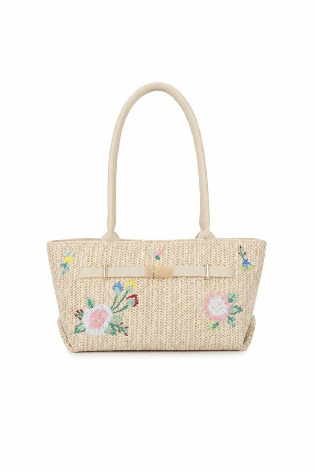 Floral Embroidered Woven Shoulder Bag - Beige HB349328