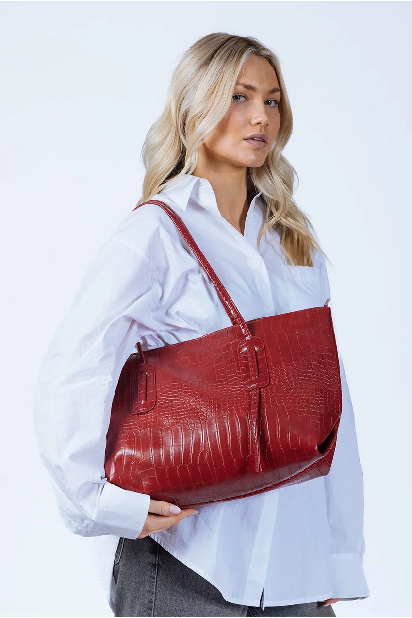Croc Patent Tote Bag In Dark Red HB350304