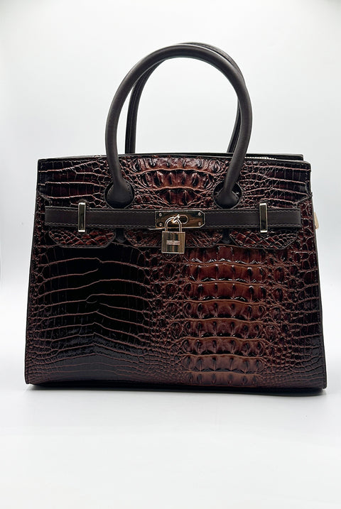 Croc Buckle Top Handle Bag In Brown by SVNX