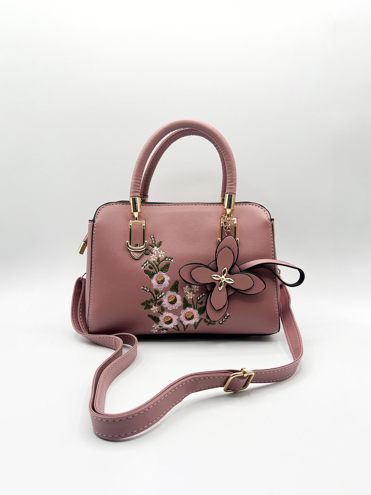 Embroidered Floral Rounded Grab Bag In Pink HB351109