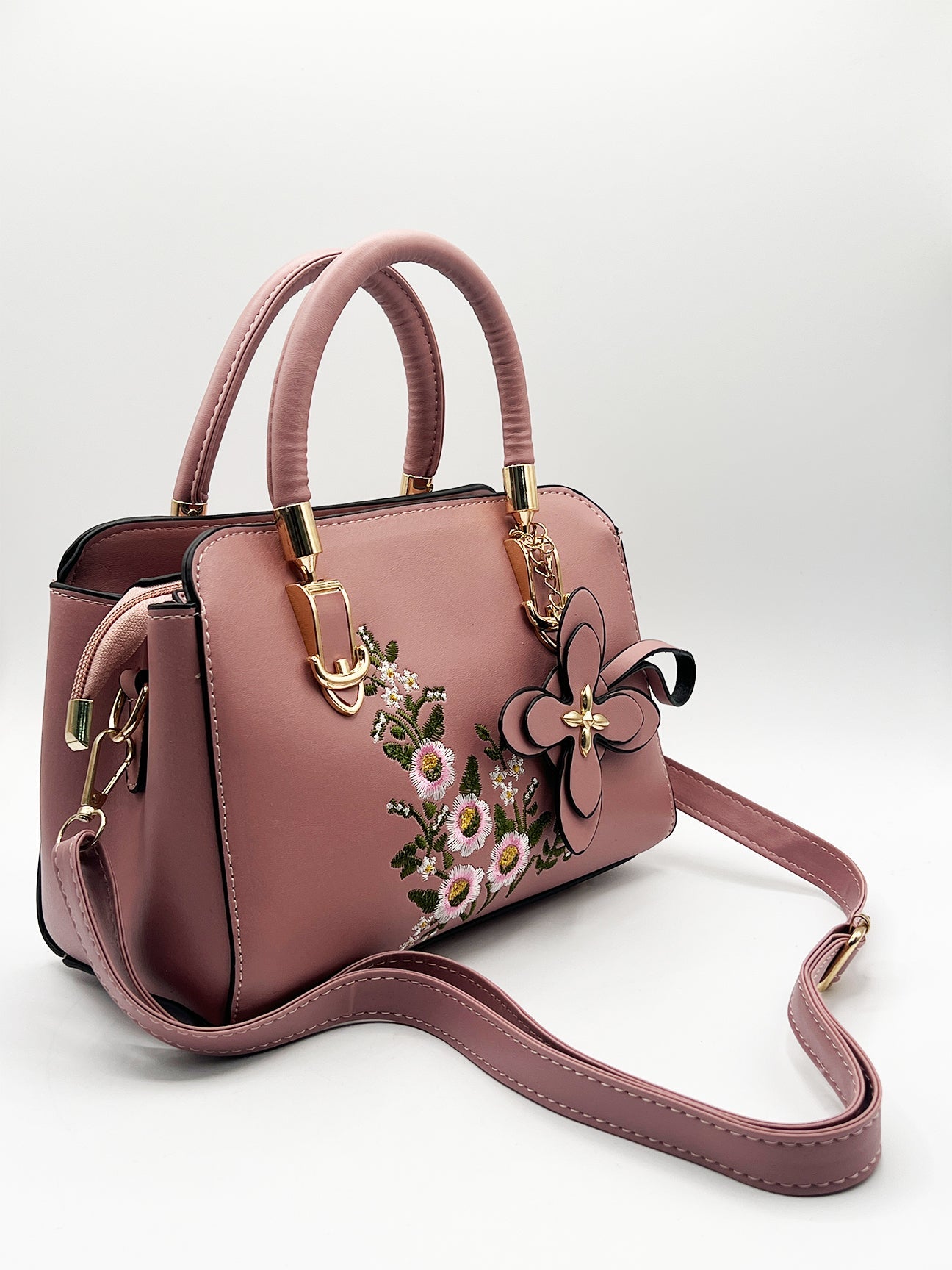 Embroidered Floral Rounded Grab Bag In Pink HB351109