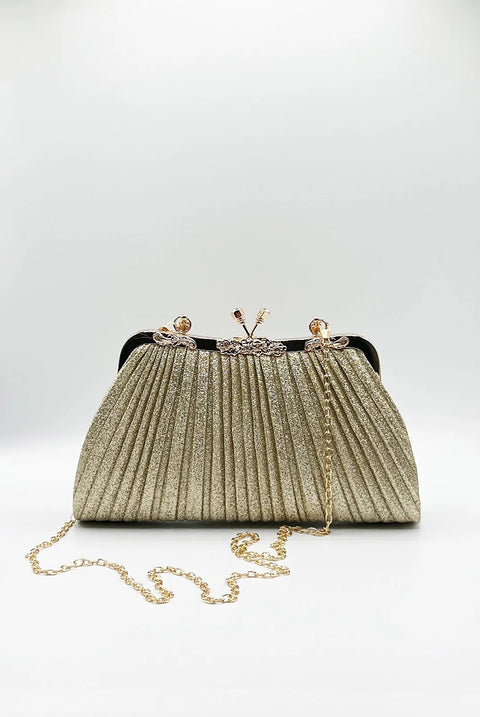 Glitter Metallic Fibre Clutch Bag In Gold by SVNX