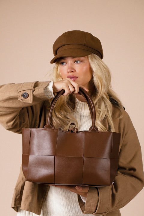 Wide Woven Tote Bag In Dark Brown by SVNX