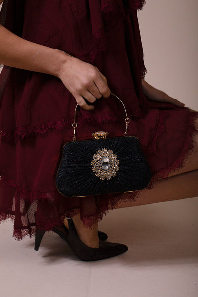 Black - Ruched Jewel Clutch Bag In Black by SVNX