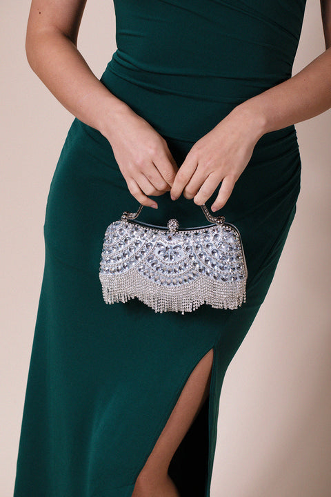 Embellished Fringe Clutch Bag In Silver by SVNX