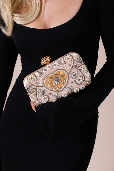 Gold - Embellished Heart Clutch Bag In Gold by SVNX