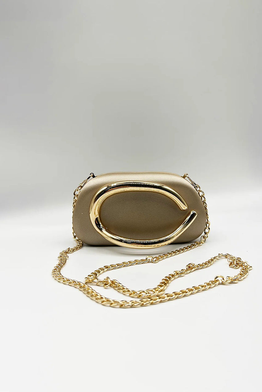 Oval Satin Hard Case Clutch Bag In Muted Gold HB362924