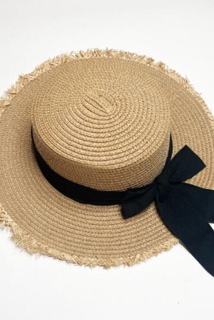 Straw Hat With Black Ribbon Bow HW313428