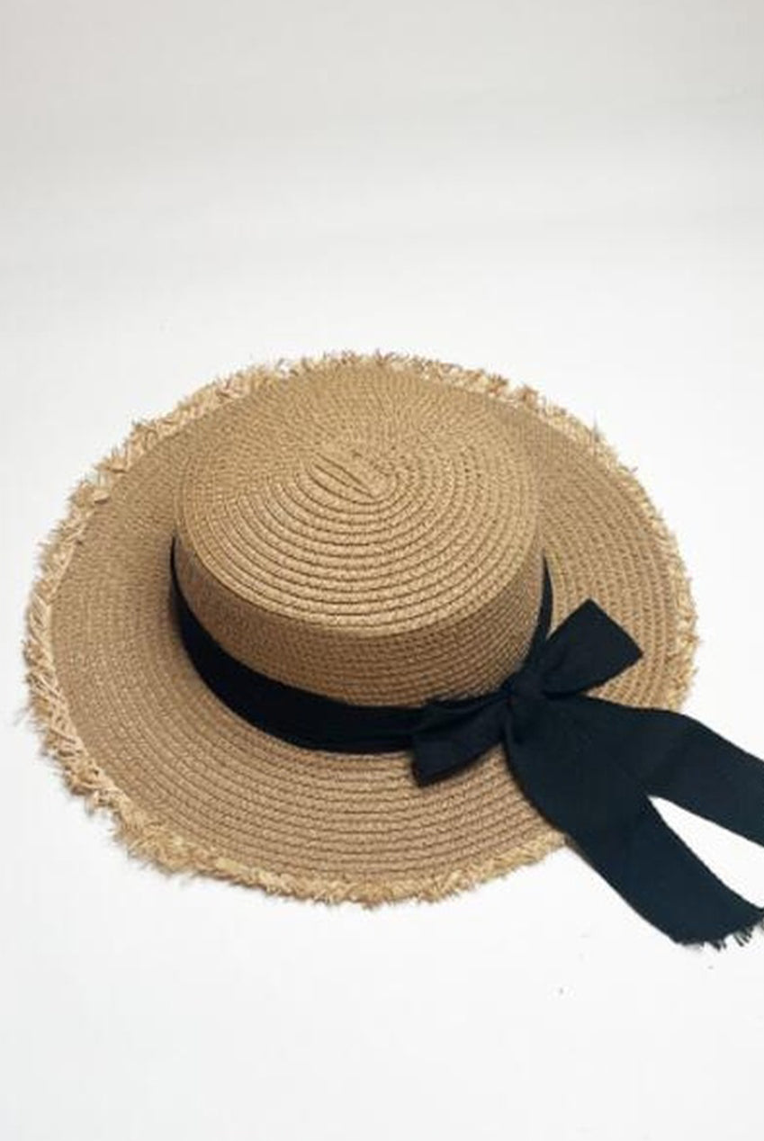 Straw Hat With Black Ribbon Bow HW313428