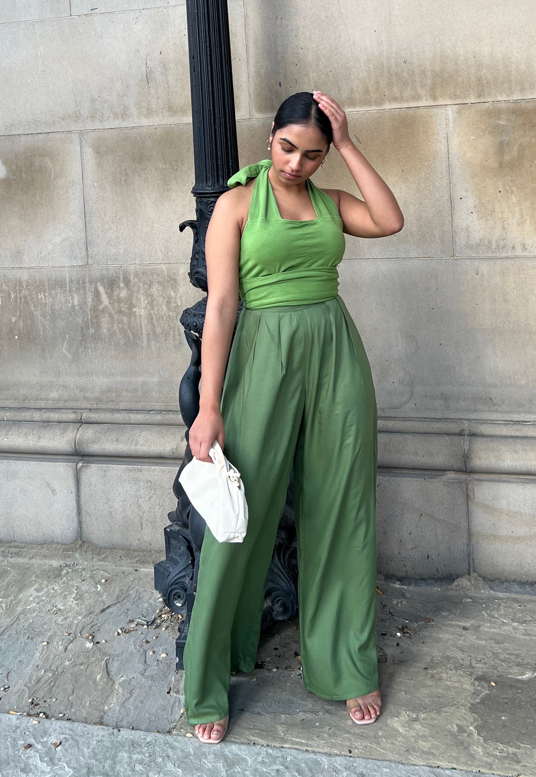 Olive Green Pleated Wide Leg Trouser INF20237