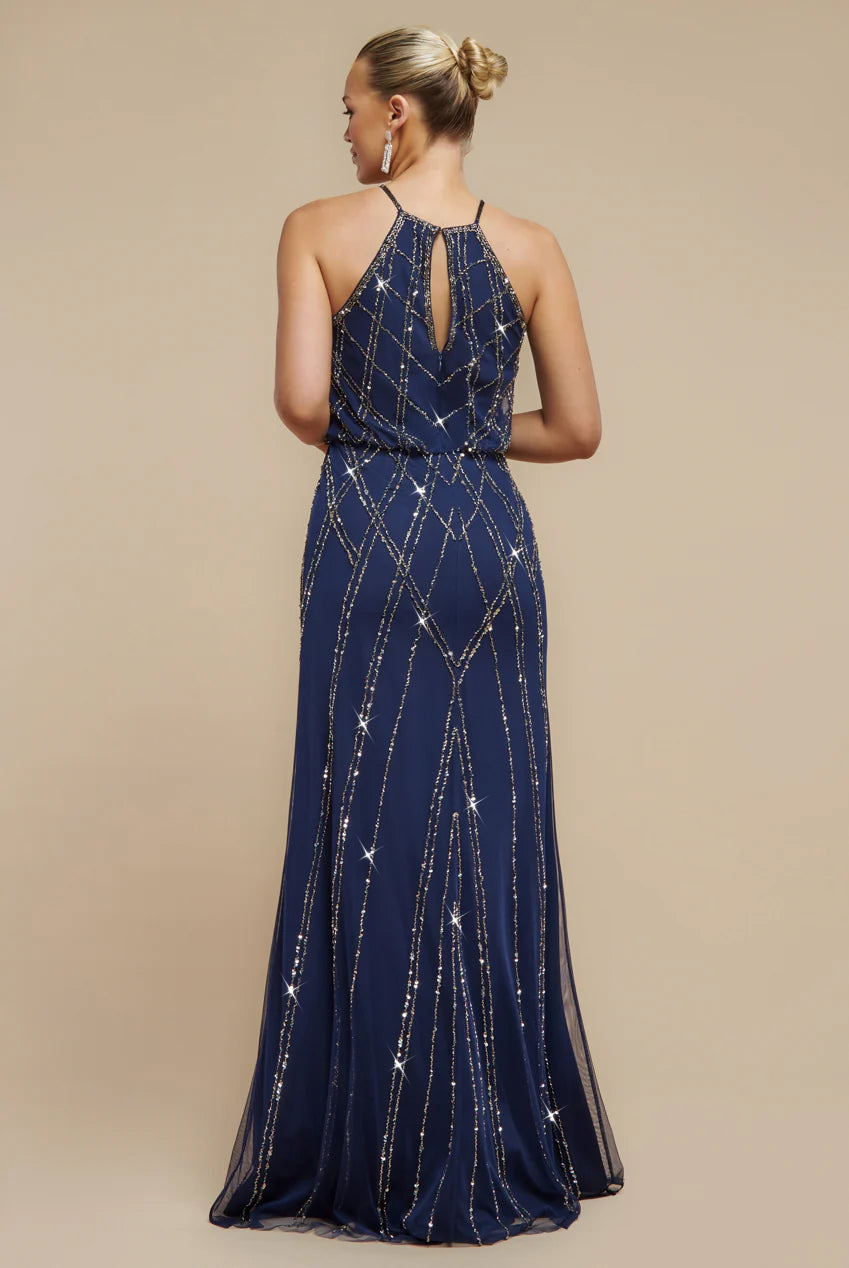 Racer Neck Sleeveless Hand Embellished Sequin Maxi Dress - Navy Blue DR2889